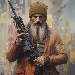 a man with an intense look on his face holding a rifle
