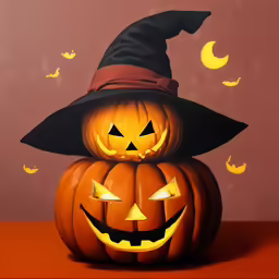 three carved pumpkins sitting in front of a pink wall