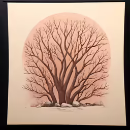 a drawing of two trees with a red sun in the background