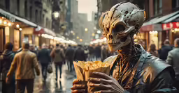 a man wearing skeleton makeup holds food in front of the street