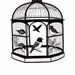 two birds sitting inside of a bird cage,bird cage that has four birds inside and one in it,a black and white birdcage on a white background,a bird is sitting in a cage that has birds inside,the small bird in the cage is not as bright