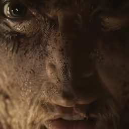 an old grizzly man looks into the camera lens