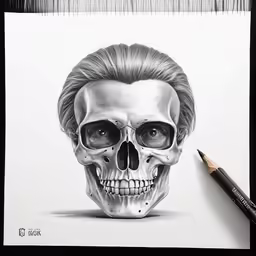 a pencil drawing of a human skull with a human head in the middle