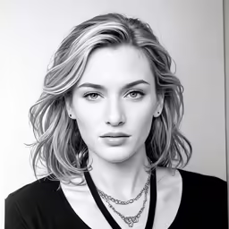 this black and white photo shows a woman with her hair pulled back and wearing a v - neck
