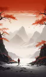 the person is standing alone on the snow covered mountain