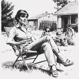 a black and white drawing of two women sitting on a chair