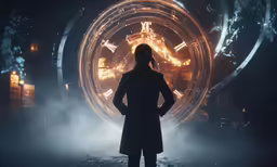 a man looks at an artistic spinning clock