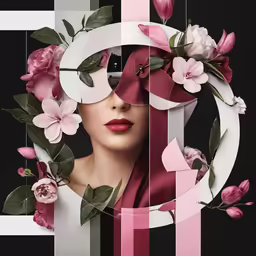 a woman with flowers and a pink bow around her eyes