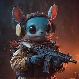 an animated animal holding a rifle with headphones on