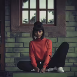 a woman in a red sweater sitting on a green box