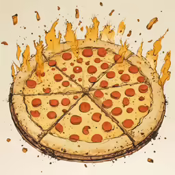 a pizza with four slices of it that is on fire