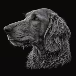 the side view of a black lab dog with long, curly hair