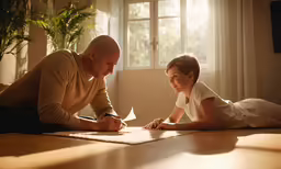 father helping daughter sign her paper at home