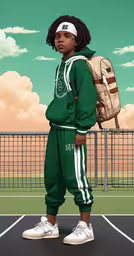 a black kid with an afro stands in front of a fence,a painting of a boy with a backpack on his shoulder