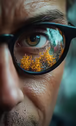 a man with yellow flowers reflected in a pair of glasses