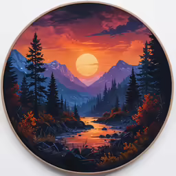 a painting of a colorful sunset over a forest