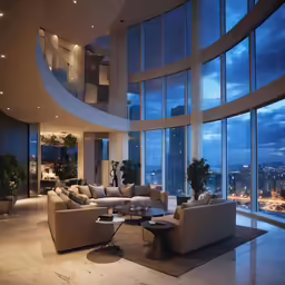 a living room with high ceilings, a large glass window and many couches