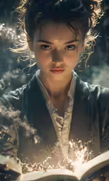 woman in jacket looking at open book, artistic and realistic, portrait