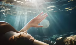 a woman under water holds her hand out toward the sun