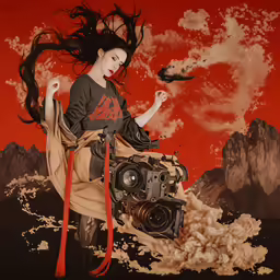 the girl is riding a bird flying past