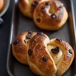 three bread rolls with raisins on a tray
