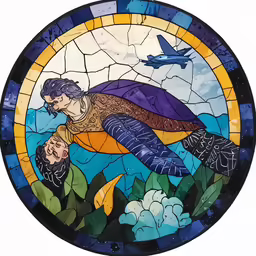 stained glass depicting an image of two men holding each other