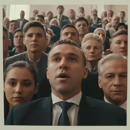 a group of people are shown staring