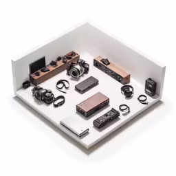 a display case of electronics and lenses in one corner