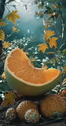 a cut up orange sitting on top of mushrooms