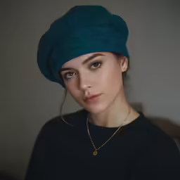 a young woman wearing a knit hat looks at the camera