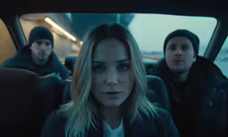 a man and a woman sitting in the back of a car