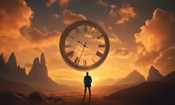 a man stands in a field while looking at an oversized clock in front of him
