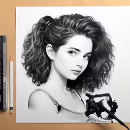 the pencil drawing shows a girl with her hair styled to look like an artistic portrait