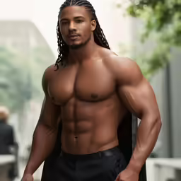 a male model with long hair and no shirt is posing for the camera
