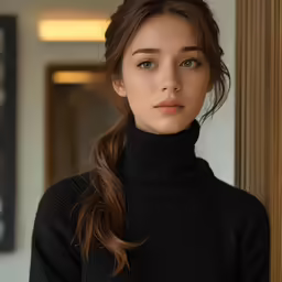 a woman wearing a black turtle neck sweater