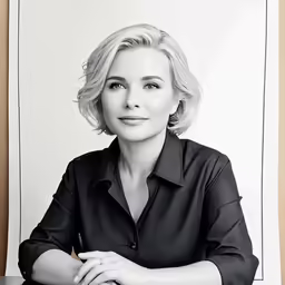black and white photograph of a woman with blond hair in front of a picture