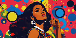 a woman with big earrings and a colorful painting,the image of an artistically depicted woman in front of circles