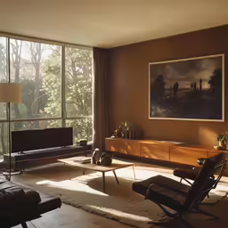 a living room with couches, a painting and a large window