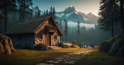 the cabin is in the mountains alone by the woods