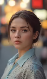 a woman standing outside in front of a traffic light