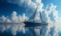 a boat with sails is sailing in the ocean