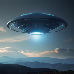 the blue light on the sky shows a huge alien object above a mountainous landscape