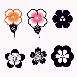 five different color flowers and leaves,flowers in different colors and designs, arranged together