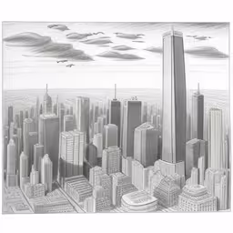 the world trade center, as depicted in this drawing,a drawing of a city skyline with tall buildings