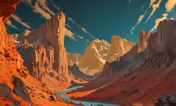 an artistic painting shows beautiful rock formations and a stream