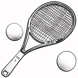 a drawing of a tennis racket with three tennis balls behind it