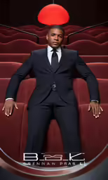 a man in a suit and tie leaning against the back of a stage