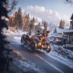 two people are riding motorcycles down a snow covered street