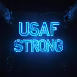 a neon text saying usaf strong on a dark background
