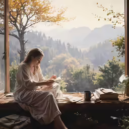 a woman sits on a windowsill looking out at a mountain view